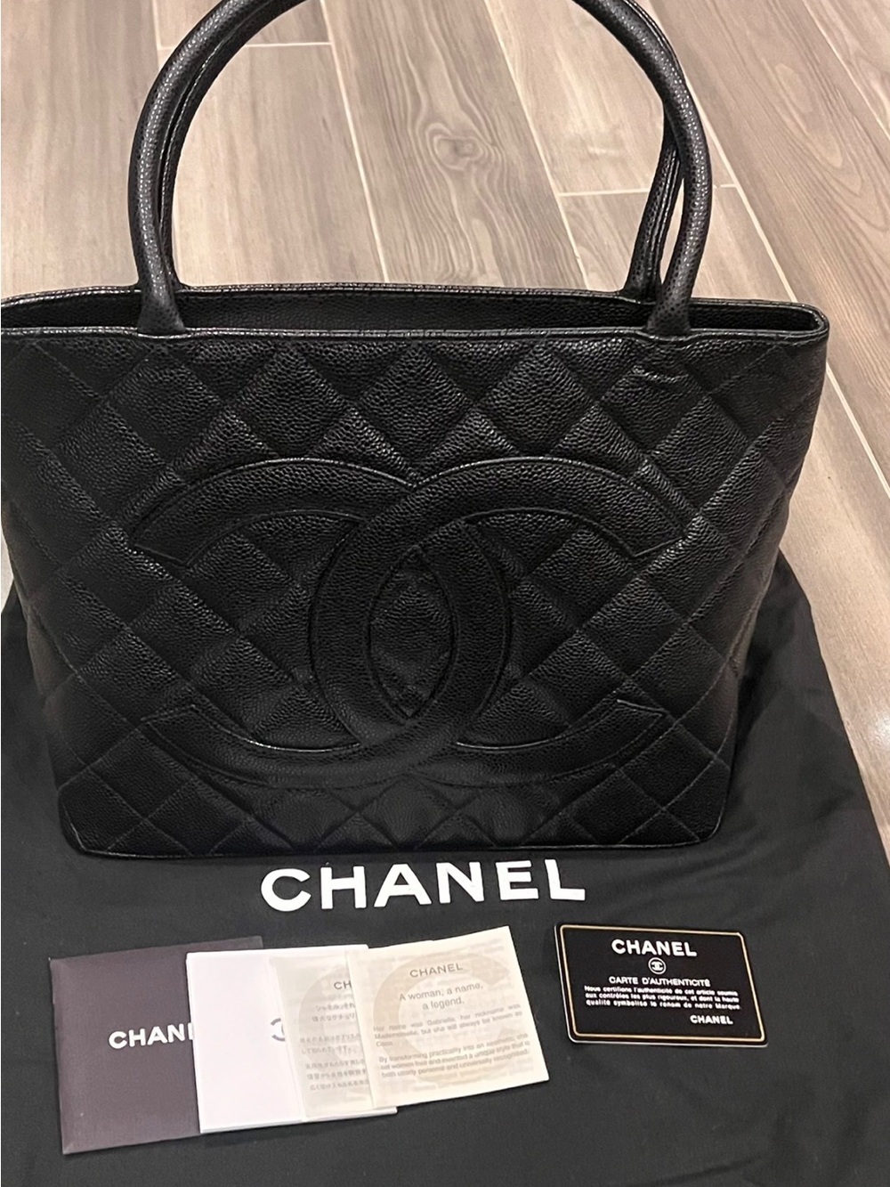 CHANEL Black Quilted Caviar Leather Tote with Large CC Motif